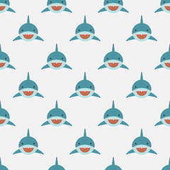 Fototapeta na wymiar Shark seamless pattern. Cute shark front face in flat design. Background pattern for Diving and Snorkeling equipment shop, diving School or scuba club.