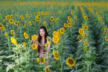 Obraz na płótnie Canvas portrait Asia women in sunflower garden