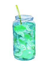Watercolor drawing - a cocktail, a soft drink, lemonade with lemon, Lime, citrus, mint, ice, pieces of fruit in a glass dish, a jar. On white isolated background. Watercolor card, logo.