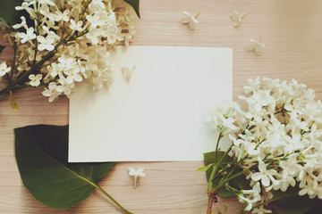 retro toned blank sheet of paper with blooming white lilac branches on the table, top view
