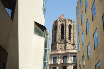 View of tower from Basilica Santa Maria del Pi in Barcelona, Spain