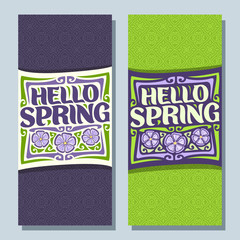 Vector vertical banners for Spring season: 2 layouts with green background, templates with lettering title in frame - hello spring, springtime flyers with 3 lilac flowers, abstract pattern for text.