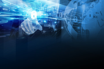 Double exposure of business woman hand touching global technology security design