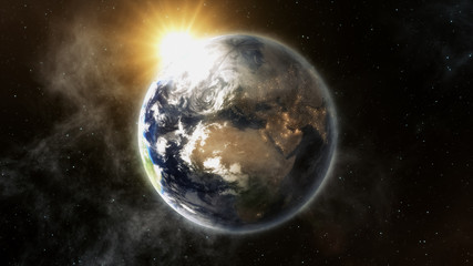 Our earth in cosmos and bright sun. 3d rendering