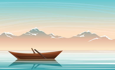 Summer landscape - boat, lake and mountains. Sunrise sky.