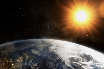Our earth in cosmos and bright sun. 3d rendering