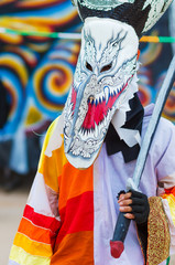 Ghost mask and costume colorful Phi Ta Khon festival  on June  Young people dress in spirit and wear a mask, sing and dance at Loei province Thailand.