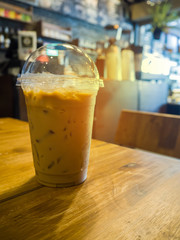 Iced coffee in coffee shop.Sun lighting.