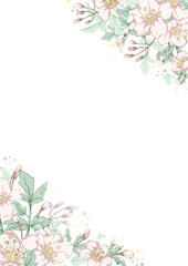 Vector vertical botanical banner with hand-drawn flowers in pastel light colors on white background