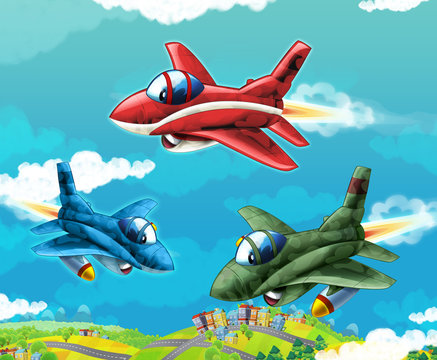 cartoon jet fighters flying over some city