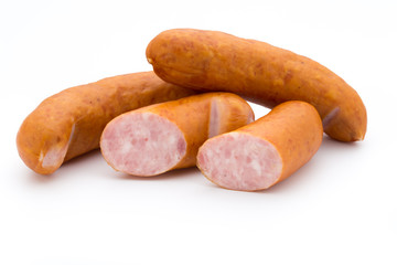 Sausage and spices isolated on white background, fresh delicious frankfurter.