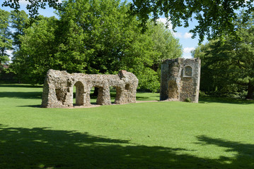 Ruined wall and dovecote of medieval abbey in Bury St Edmunds