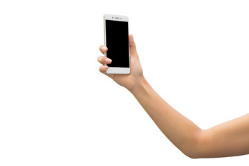 Female right hand holding and touching on mobile smartphone show back side. He is searching something. isolated on white background