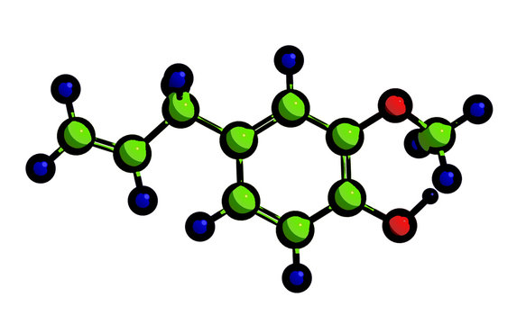 Molecular structure of Eugenol, 3D rendering