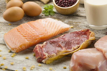 Appetizer of protein foods on table