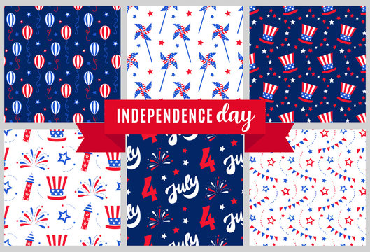 Independence Day Of America Festive Seamless Pattern Backgrounds Set