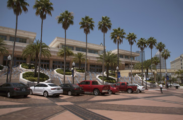 Vehicles parked outside the Tampa Convention Center downtown Tampa Florida USA. April 2017