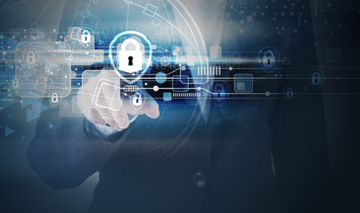Double exposure of business woman hand touching global network security with digital technology design