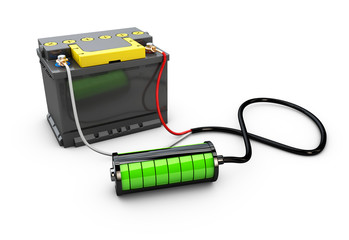 3d Illustration of Fully charged green battery. Concept of power and energy