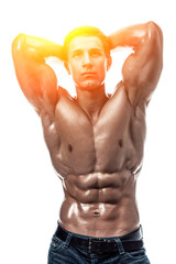 Muscular handsome young man with naked torso. Isolated on white 