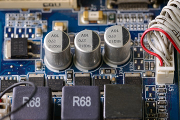 Closeup of dusty computer motherboard with details