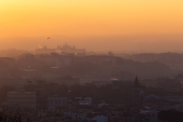 Cityscape of Rome, Italy, at sunset in autumn, a view from the Gianicolo (Janiculum) hill