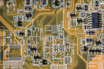 Closeup of dusty computer motherboard with details