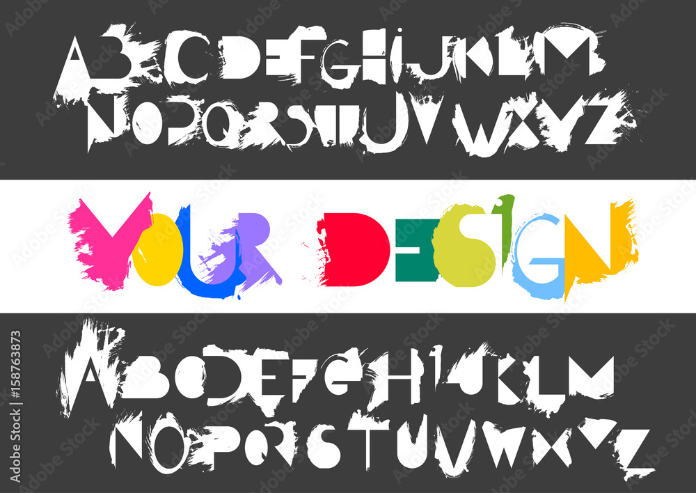 Poster vector alphabet set of capital white letters and its counter forms with smears of semi-dry brush on 