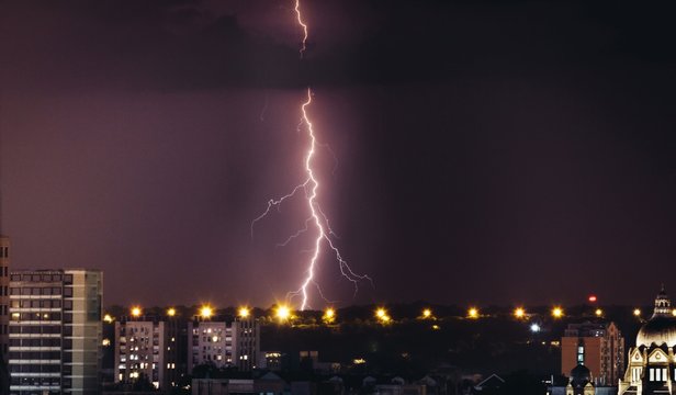 Thunderstorm lightning bolt over Novi Sad city