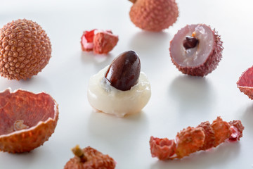 Group of the lychee, the lychee's seed and the lychee's peel