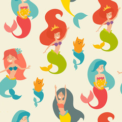 Marine vector pattern. Seamless pattern with cute mermaids. Cute mermaid girls on the light background. Under the sea theme. Design for wrapping, fabric, textile