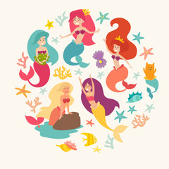 Mermaid girls vector illustration. Cute cartoon card with little mermaid, circle composition. Under the sea poster. Pearl in the shell and starfish isolated on white,cartoon style
