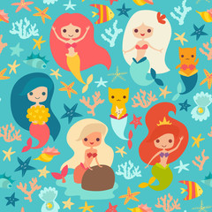 Obraz na płótnie Canvas Mermaids girls vector pattern. Cute cartoon card with little mermaid seamless pattern. Cat mermaid under the sea. Fish, corals and seaweed cartoon style