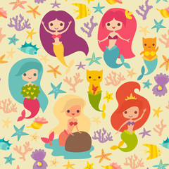 Mermaids girls vector pattern. Cute cartoon card with little mermaid seamless pattern. Cat mermaid under the sea. Fish, corals and seaweed cartoon style