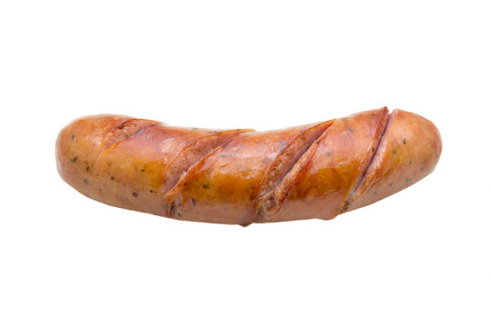 Fried smoked sausage or wurst isolate on white background.
