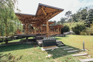 Bamboo playhouse built on a lake island in Kuala Lumpur's botanical gardens, Malaysia.