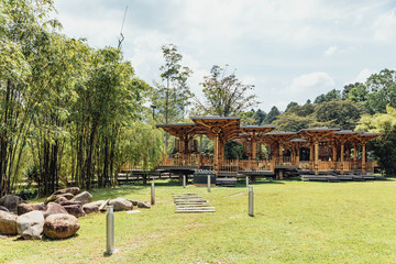Bamboo playhouse built on a lake island in Kuala Lumpur's botanical gardens, Malaysia.