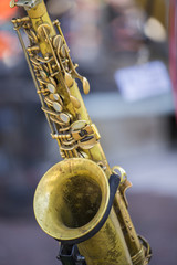 a saxophone sitting on a stage at a concert 