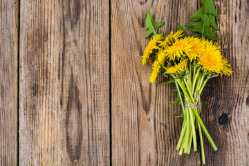 Bunch of yellow dandelions on wooden background