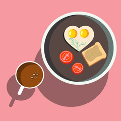 Breakfast scrambled eggs with toast, vector illustration