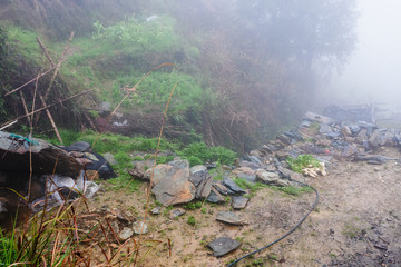 wet tent in rainforest on hill in Tiantouzhai