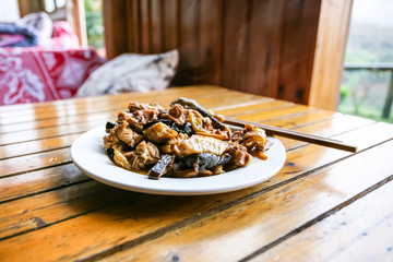 plate with chicken and mushrooms