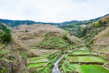 Fototapeta na wymiar view of terraced gardens and creek in Dazhai