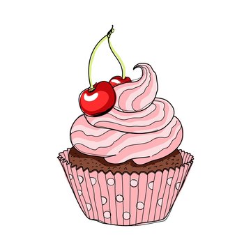 Creamy cup cake with cherry. Hand drawing sketch vector illustration.