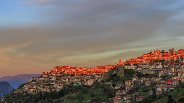 Sunrise over Arachiva town near Delphi time lapse