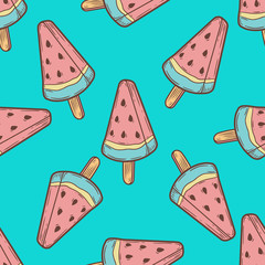 Ice cream, watermelon popsicle dessert food vector seamless pattern. ice milk gelato, frozen yogurt sweet