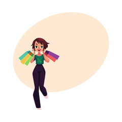 Happy girl, woman in casual clothing with shopping bags, holiday sale concept, cartoon vector illustration with space for text. Girl, woman with many shopping bags, happy shopping concept