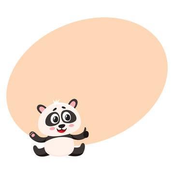 Cute and funny smiling baby panda character sitting, showing thumb up, cartoon vector illustration with space for text. Cute little panda bear character, mascot giving thumb up