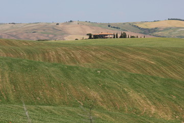 Fototapeta na wymiar VAL D'ORCIA , ITALY - JUNE 3 2017: Tuscan Hills countryside, with a small rural house in the background