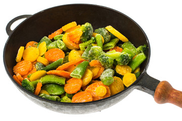 Frozen vegetables in cast-iron frying pan